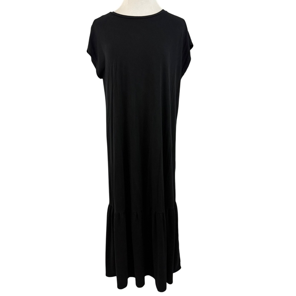 Eileen Fisher Dress Women Medium Black Tencel Lyocell Ruffle Hem Cap Sleeve Maxi